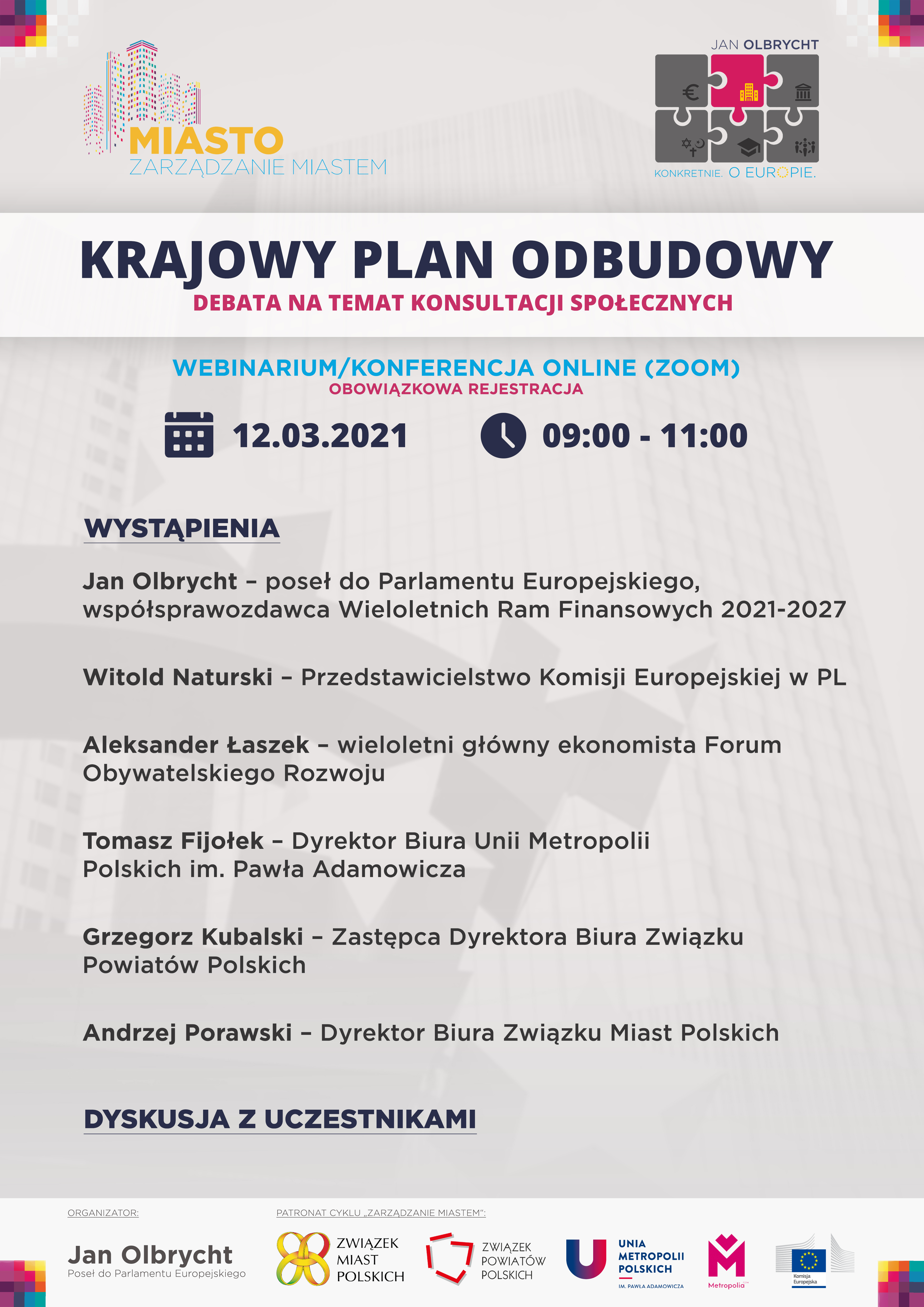 "Krajowy Plan Odbudowy. Debata na temat konsultacji społecznych" - zaproszenie na webinarium